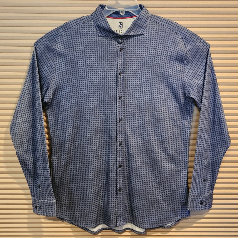 Desoto Blue Geometric Print Cotton Button Down Shirt Mens XL Stretch